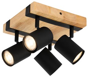 Candeeiro de teto preto com madeira 4 luzes ajustável retangular - Jeana