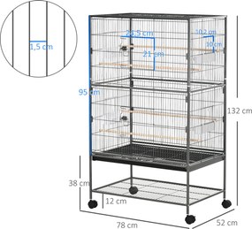 Gaiola para Aves com Suporte, 78 x 52 x 132 cm, 4 Poleiros em Madeira, Cinzento-escuro