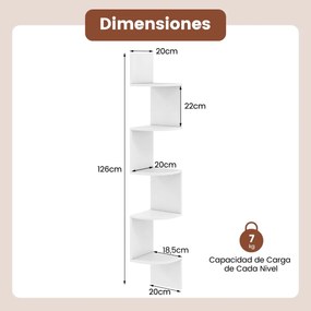 Estante de canto 20 x 20 x 126 cm de 5 níveis Organizador de armazenamento montado na parede para sala, quarto e cozinha Branco