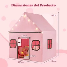 Casa de brincar para crianças para interior 120 x 101 x 143 cm, com luzes de estrelas e tapete acolchoado a partir dos 3 anos Rosa