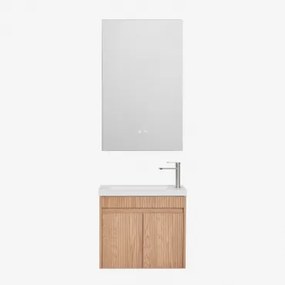 Conjunto De Móvel De Casa De Banho Suspenso Em Madeira Com Lavatório Integrado Narek Castanho Fresno & Retangular Led E Anti-embaciamento 55x90 Cm Rib
