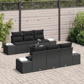 Conjunto de Sofá de Jardim de 7 Peças com Almofadas Preto em Rattan Si