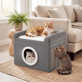 Cama para gatos de interior 49 x 41 x 39 cm - Grande caverna para gatos com condomínio, tapete de sisal para arranhar e almofada - cinzenta