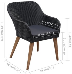 7 pcs conjunto jantar exterior com almofadões vime PE preto