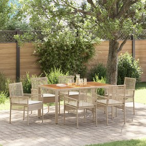 vidaXL Conjunto de Jantar de Jardim de 7 Peças com Almofadas Bege em Vime Poliéster
