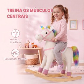 Cavalinho de Baloiço Unicórnio com Som e Base de Madeira para Crianças 1-3 Anos Creme