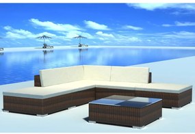 6 pcs conjunto lounge jardim c/ almofadões vime PE castanho