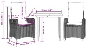 3 pcs conjunto de jantar p/ jardim c/ almofadões vime PE cinza