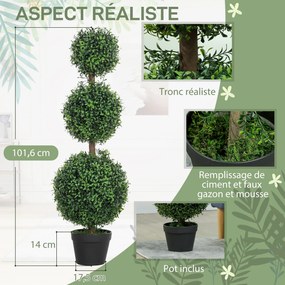 Conjunto de 2 árvores artificiais de 101,6 cm com 3 bolas de buxo topiárias, planta artificial verde em PE, com vaso interior e exterior
