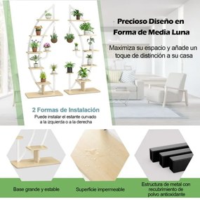 Conjunto de 2 Estantes Metálicas para Plantas 7 Níveis em Forma de Crescente Curvo com Gancho para Varanda 60x30x155 cm Brancas