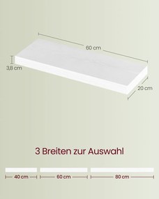 Prateleira de parede suspensa 20 x 60 x 3,8 cm em branco