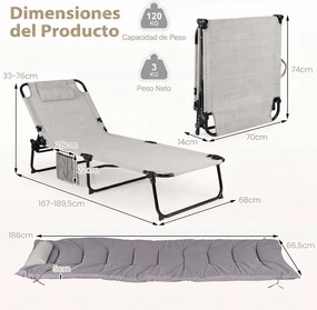 Espreguiçadeira de Exterior Dobrável, 186 x 68 x 33-76 cm, Encosto Ajustável em 4 Posições, Cinzento
