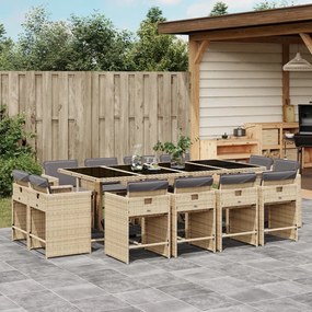 vidaXL 13 pcs conj. jantar jardim c/ almofadões vime PE bege misturado