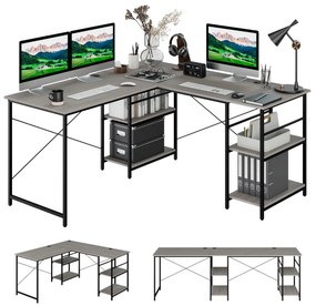Mesa de computador conversível de canto em forma de L 2 formatos 4 prateleiras Mesa de trabalho para 2 pessoas 151 x 151 x 75 cm Cinzenta