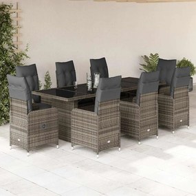 vidaXL 9 pcs conjunto bistrô de jardim c/ almofadões vime PE cinzento