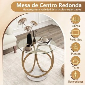 Mesa de centro redonda 60x60x61,5 cm moderna em vidro temperado com estrutura metálica em forma de anel  para sala de estar, escritório, casa e espaço