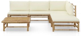 6 pcs conj. lounge p/ jardim em bambu c/ almofadões branco nata