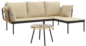 3 pcs conjunto lounge de jardim c/ almofadões beges vime PE