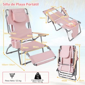 Cadeira de praia dobrável 3 em 1 com orifício para o rosto, apoio para os pés, encosto reclinável e transportável para apanhar sol, Rosa