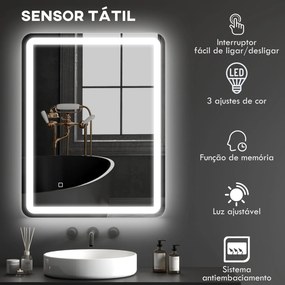 Espelho Casa de Banho com Luzes LED 70x90 cm Função Antiembaciamento 3 Temperaturas de Cor Ajustável e Função de Memória Prata