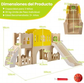 Conjunto de escalada e escorrega com escada, aro de basquetebol, túnel e bola para crianças a partir dos 3 anos, 169 x 125 x 98 cm, multicolor