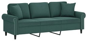 Sofá 3 lug. c/ almofadas decorativas 180 cm veludo verde-escuro