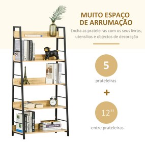 Estante de Estilo Industrial com 5 Níveis Estante de Sala de Estar para Livros com Estrutura de Metal 70x35x149,5 cm Natural