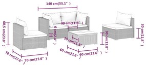 5 pcs conjunto lounge de jardim c/ almofadões vime PE preto