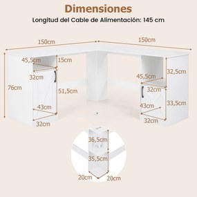 Secretária de canto em L com estação de carregamento 150 x 150 x 76 cm, prateleiras abertas, portas e estante de 2 níveis – para trabalho, jogos e est
