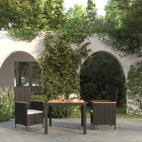 vidaXL 3 pcs conjunto jantar exterior com almofadões vime PE preto