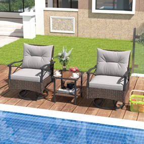 Conjunto jardim de 3 peças de 2 cadeiras de baloiço giratórias de rattan para exterior com almofadas de mesa lateral de vidro temperado para jardim, p