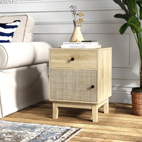 Mesa de cabeceira, Mesa apoio em rattan moderna 40 x 39 x 55 cm com gaveta e armário Boho com pés em madeira maciça para quarto Natural