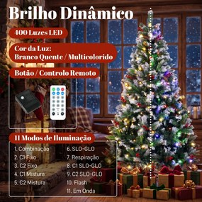 Árvore de Natal Nevada 210 cm com 400 LED 11 Modos Comando à Distância 1253 Pontas 44 Pinhas e 44 Bagas