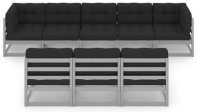 8pcs conjunto lounge de jardim c/ almofadões pinho maciço cinza