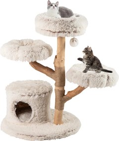 Arranhador para gatos 68 x 102 cm com galhos de madeira, 2 plataformas, arranhador de juta natural e bola pendurada para interior, branco + natural