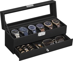 Caixa para relógios com 2 níveis 10 x 32,5 x 13,5 cm, revestimento em PU e forro interior em preto