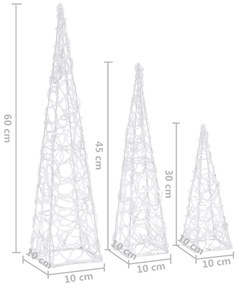 Conj. cones decorativos c/ LEDs branco frio acrílico 30/45/60cm