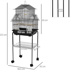 Gaiola para pássaros 50,5 x 41 x 121 cm com comedouros, poleiros, 3 portas, tabuleiro removível para excrementos + pega de transporte, preta