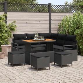Conjunto de Sofá de Jardim vidaXL de 9 Peças com Almofadas Preto Rattan Acácia