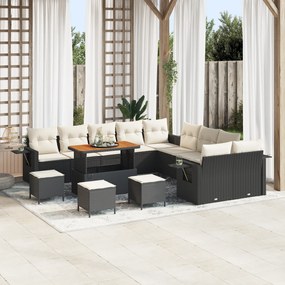 Conjunto de Sofá de Jardim vidaXL com Almofadas de Vime PE Preto Acácia