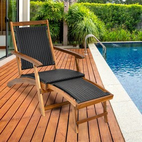 Espreguiçadeira dobrável 2 em 1 em rattan PE e madeira de acácia, com apoio para os pés retrátil, encosto e braços, para pátio, jardim e piscina Natur