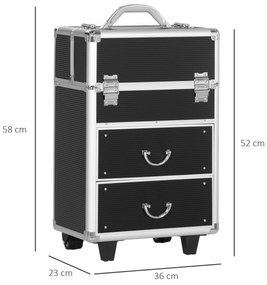 HOMCOM Mala de Maquilhagem Professional Mala para Cosméticos com Rodas 6 Gavetas Extensíveis Fechadura 2 Chaves e Alça Retrátil 36x23x58cm Preto