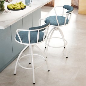 Conjunto de 2 bancos de bar giratórios estofados com encosto e apoio para os pés, estrutura metálica, para cozinha, bar, casa ou sala de jantar, azul