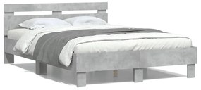 Estrutura cama cabeceira e luzes LED 135x190cm cinzento cimento