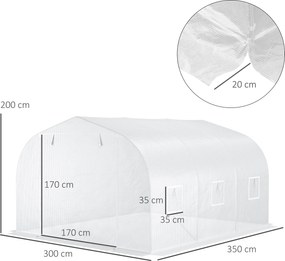 Estufa de jardim tipo túnel, dimensões: 3,5 m (L) x 3 m (C) x 2 m (A). Porta + 6 janelas enroláveis. Aço galvanizado e lona de PE de alta densidade, b