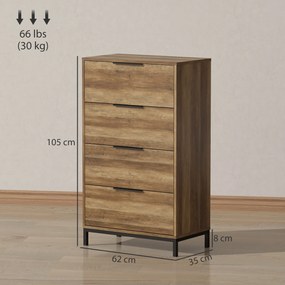 Cómoda de 4 Gavetas Cómoda para Dormitório Alta com Puxadores Metálicos Cómoda Estreita para 62x35x105 cm Castanho Rústico