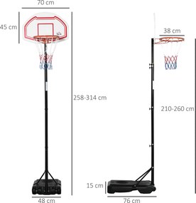 Cesto de basquetebol para exterior com poste e tabela, altura ajustável de 2,1 a 2,6 m (cesto) - preto, branco e vermelho