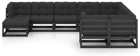 10 pcs conjunto lounge jardim c/ almofadões pinho maciço preto