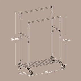 Guarda roupa aberto, Cabide com rodas, 2 varões, e com prateleira 59 x 100 x 162 cm preto