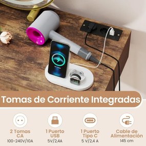 Toucador com espelho 80 x 40 x 76 cm e luzes e Estação de carregamento incorporada 2 gavetas com Banco castanho rústica
